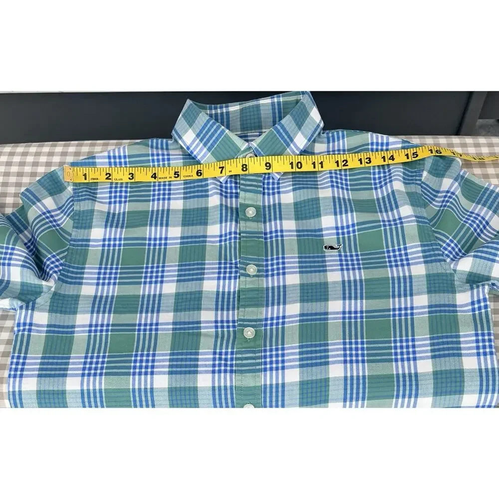 Vineyard Vines Whale Shirt Boys L 16 Cotton Green Plaid Long Sleeve Flannel Logo